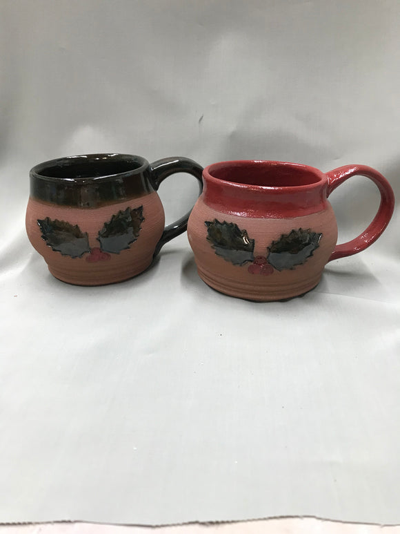 Pair of Stoneware Red and Green Christmas Holly Mugs