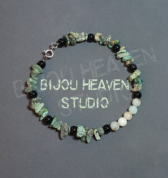 Turquoise, Black Agate and Amazonite bangle bracelet