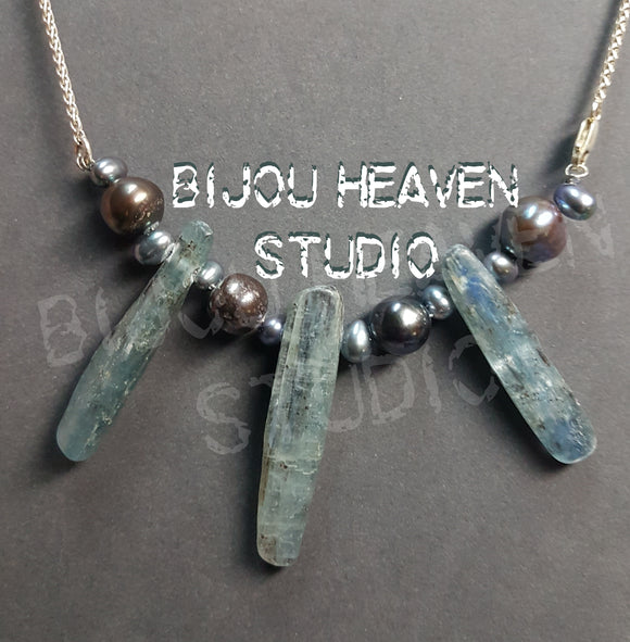 Kyanite blade and Pearl necklace
