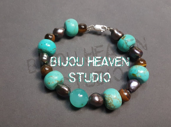 Dyed Turquoise Howlite and Pearl bangle bracelet