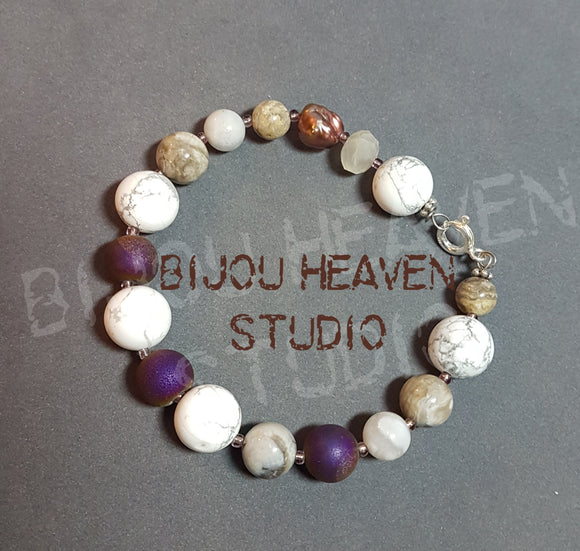 Howlite, Fossil Coral and Agate bangle bracelet