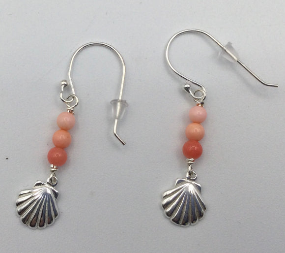 Coral and Silver Seashell Earrings