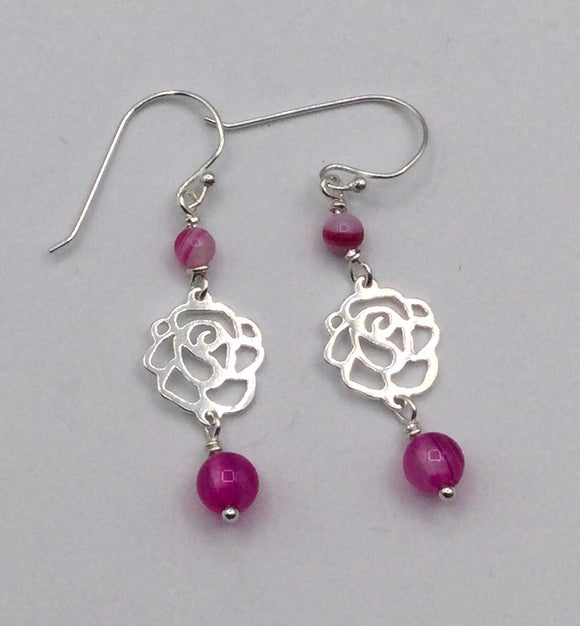 Striped Fuchsia Agate Rose Motif Earrings