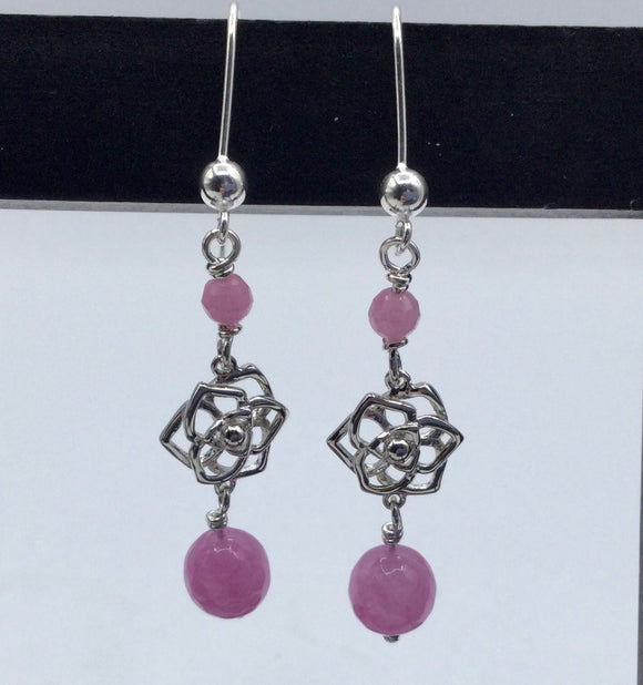 Pink Jade and Silver Rose Earrings