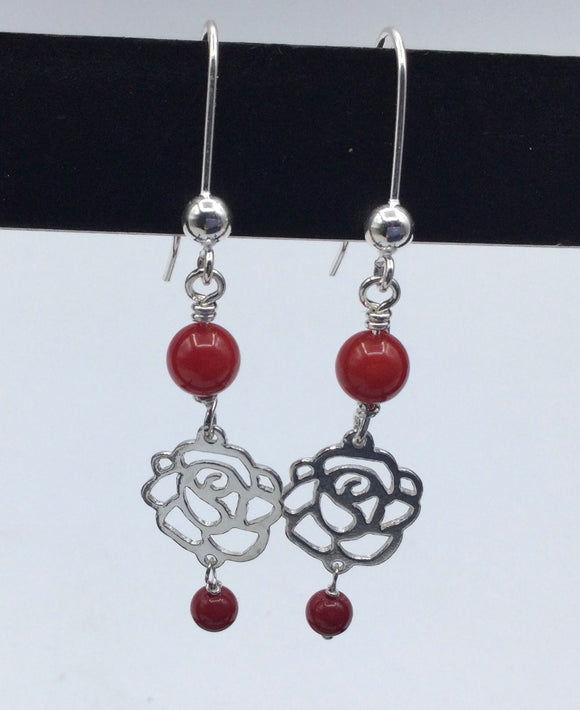 Red Coral /Silver Rose Earrings