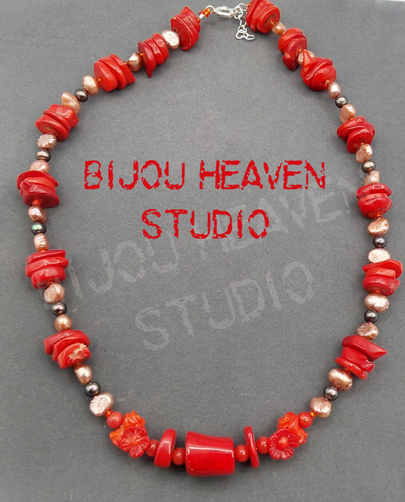 Bamboo Coral and Pearl necklace