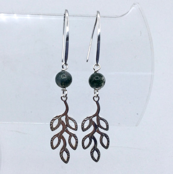 Silver Branch and Moss Agate Earrings