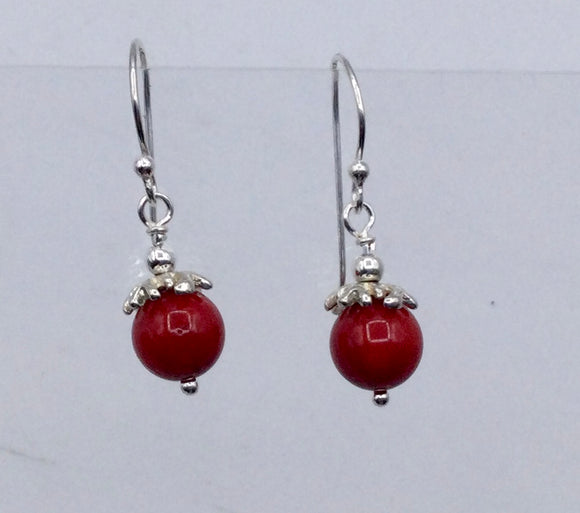 Red Bamboo Coral /Silver Cap Earrings