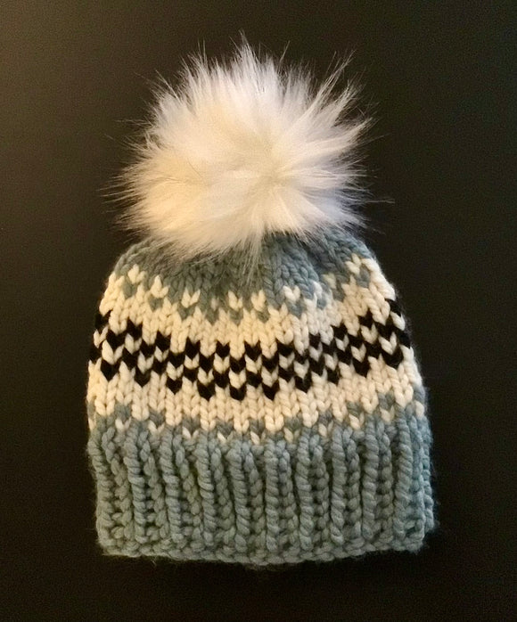 FairIsle Beanie with faux fur pom slate