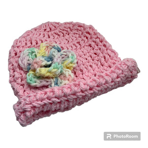 Baby beanie, pink with multi flower