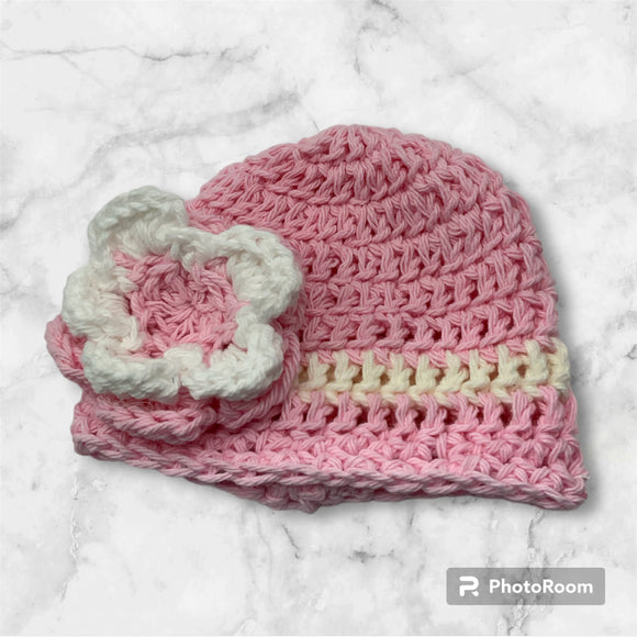 Cotton baby beanie, pink with white