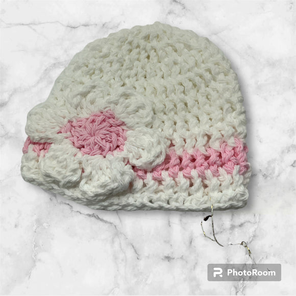 Cotton crochet baby beanie, white with pink