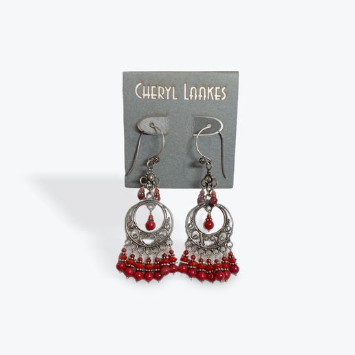 Red Bamboo Coral Large Bali Silver Scrolled Circle Chandelier Earrings
