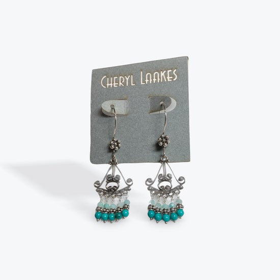 Turquoise and Amazonite Inverted Fan Bali Silver Chandelier Earrings