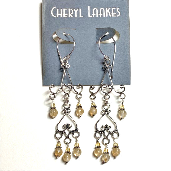 Gold Rutilated Quartz and Citrine Long Bali Silver Chandelier Earrings