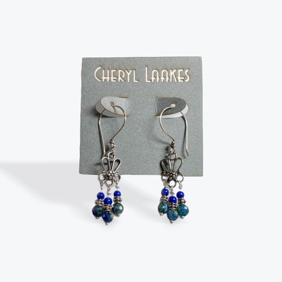 Chrysocolla and Lapis Lazuli Bali Silver Flower Chandelier Earrings