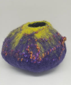 Purple/Chartreuse Wet felted Pot w/ fibre embellishments