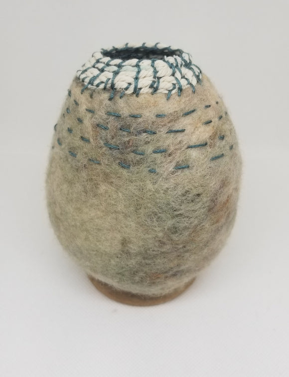 Wet felted Pot with top weaving/wooden base