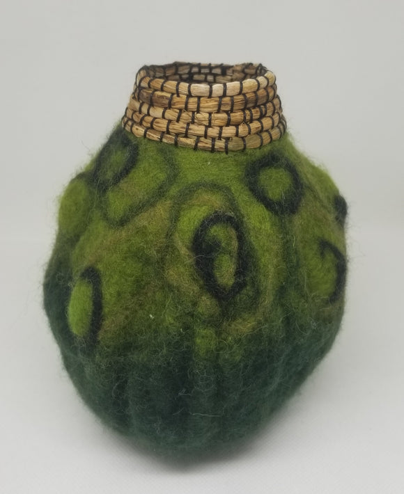 Green Pot with Basketry finish/wooded base