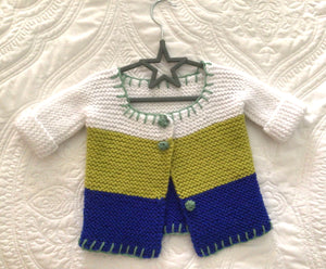Hand Knit Baby Cardigan, white/green/blue; 6-9 mos.