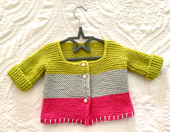 Hand knit baby cardigan; green/grey/pink; 3-6 mos.