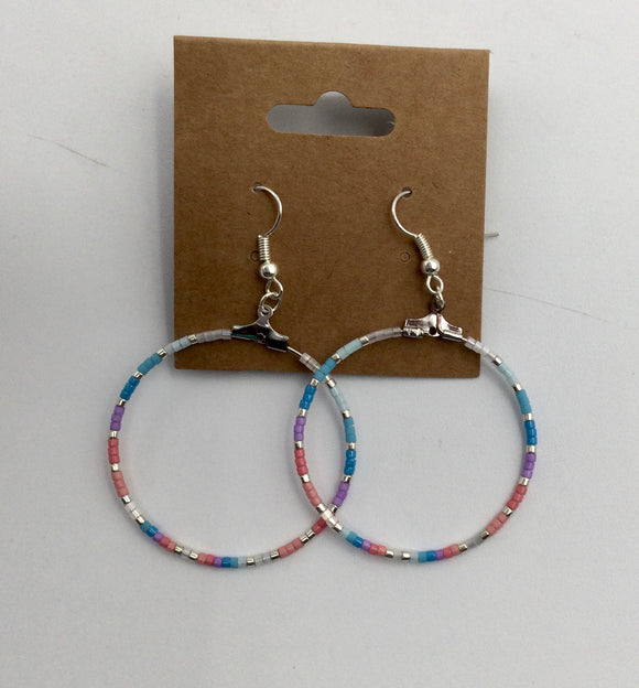 Beaded Hoop Earrings / Blue+pink