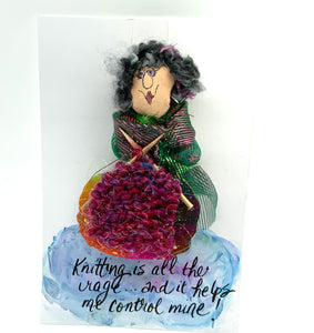 Amazing grey, art doll ornament, “knitting is all the rage”