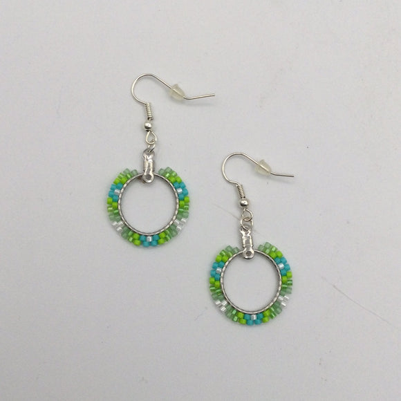 Two Row Green and Turquoise Beaded Hoop Earrings